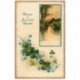 carte postale ancienne NOUVEL AN. Bonne Année carte gaufrée Paysage et Trèfle à quatre feuilles