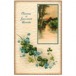 carte postale ancienne NOUVEL AN. Bonne Année carte gaufrée Paysage et Trèfle à quatre feuilles