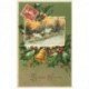 carte postale ancienne NOUVEL AN. Bonne Année carte gaufrée Village houx et cloche 1910
