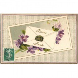 carte postale ancienne NOUVEL AN. Bonne Année carte gaufrée violette et missive