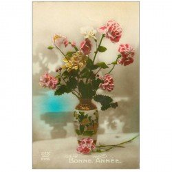 carte postale ancienne NOUVEL AN. Bonne Année Oeillets dans un vase édition Dix