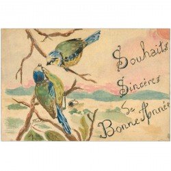 NOUVEL AN. Bonne Année Carte peinte à la main par l'expéditeur G. Frabrice 1937. Couple de Moineaux