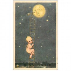 carte postale ancienne NOUVEL AN. Bonne Année un Angelot qui s'élève vers la Lune