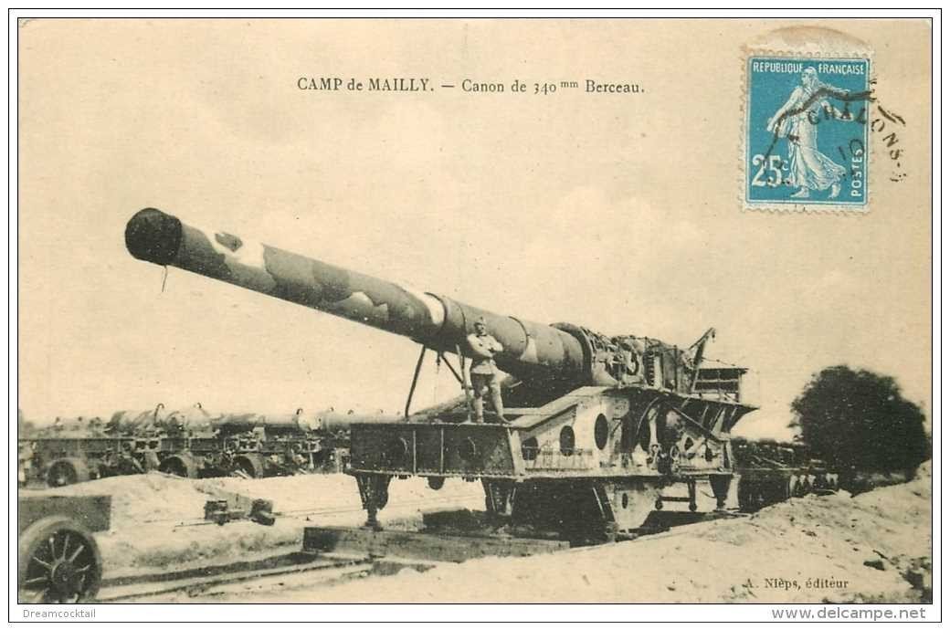 carte postale ancienne CANON SUR RAIL. Camp de Mailly Pièce de 340mm beceau 1922