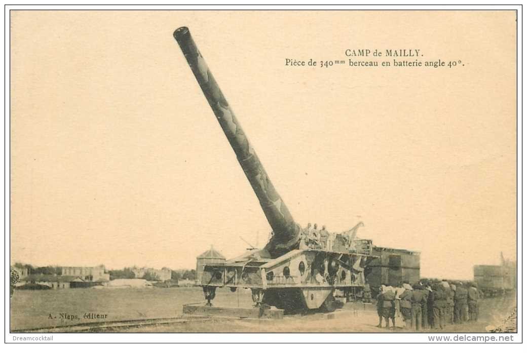 carte postale ancienne CANON SUR RAIL. Camp de Mailly Pièce de 340mm beceau en batterie angle 40° 1923