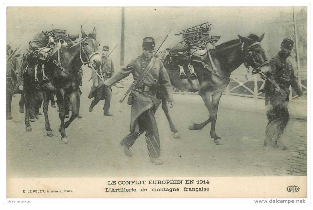carte postale ancienne GUERRE 1914-18. Artillerie de montagne Française avec Chevaux