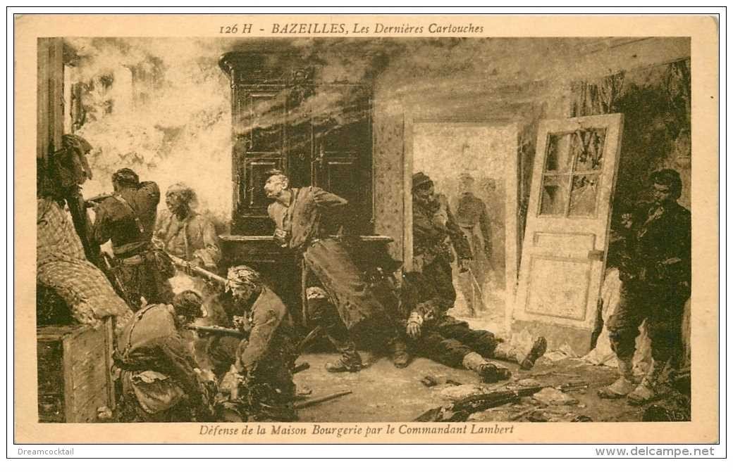 carte postale ancienne GUERRE 1914-18. Bazeilles. Défense Maison Bourgerie par Lambert. Dernières cartouches