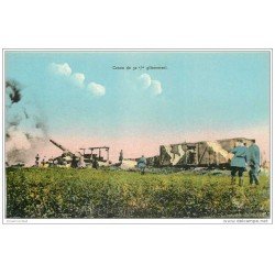 carte postale ancienne GUERRE 1914-18. Canon de 32° glissement. Soldats et Train