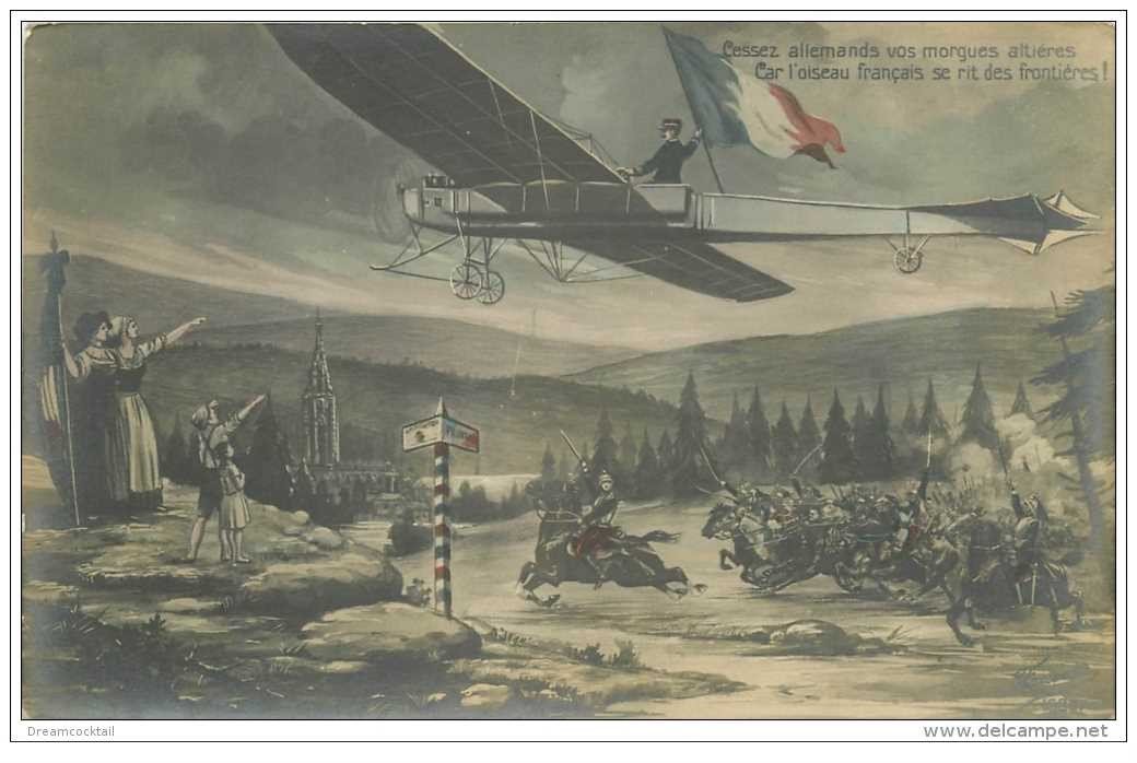 carte postale ancienne GUERRE 1914-18. Carte surréaliste Avion et Cavalerie 1913