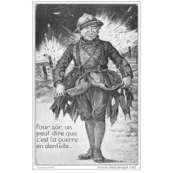 carte postale ancienne GUERRE 1914-18. C'est la Guerre en dentelle. Poilu en lambeaux