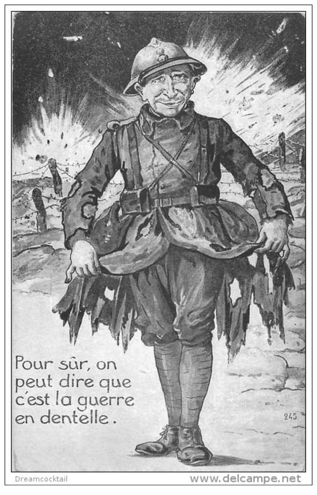 carte postale ancienne GUERRE 1914-18. C'est la Guerre en dentelle. Poilu en lambeaux