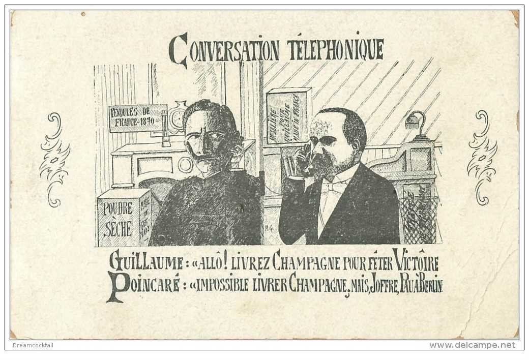 carte postale ancienne GUERRE 1914-18. Conversation téléphonique entre Guillaume et Poincaré 1914