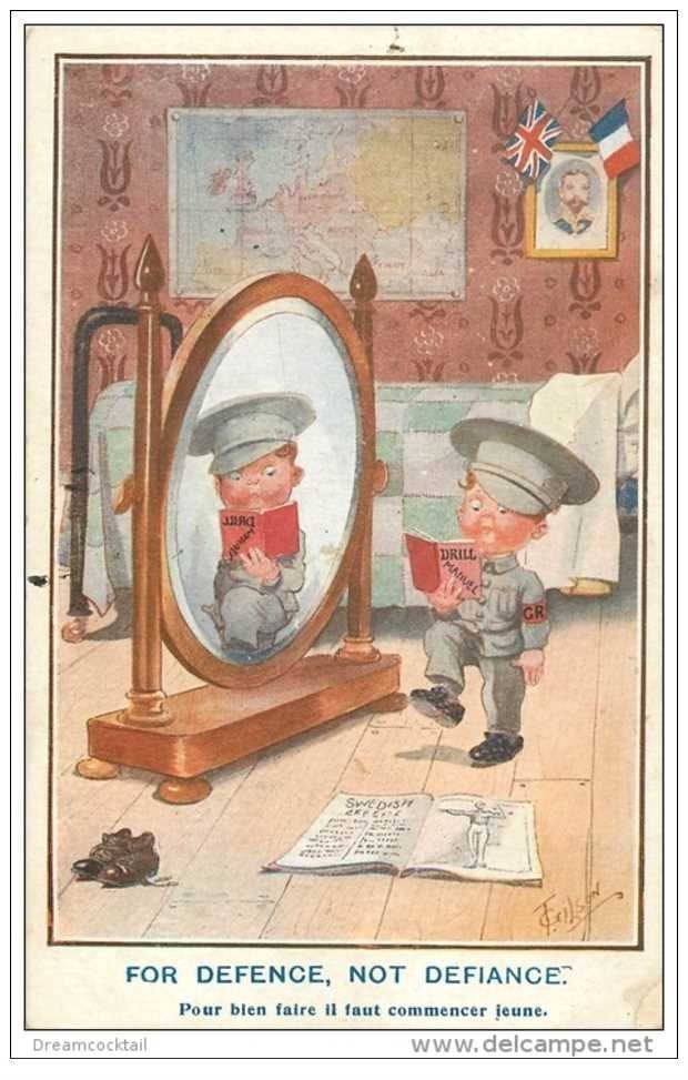carte postale ancienne GUERRE 1914-18. For defence, not defiance. Manuel du jeune Sodat Anglais par Gilson1916. Caricature