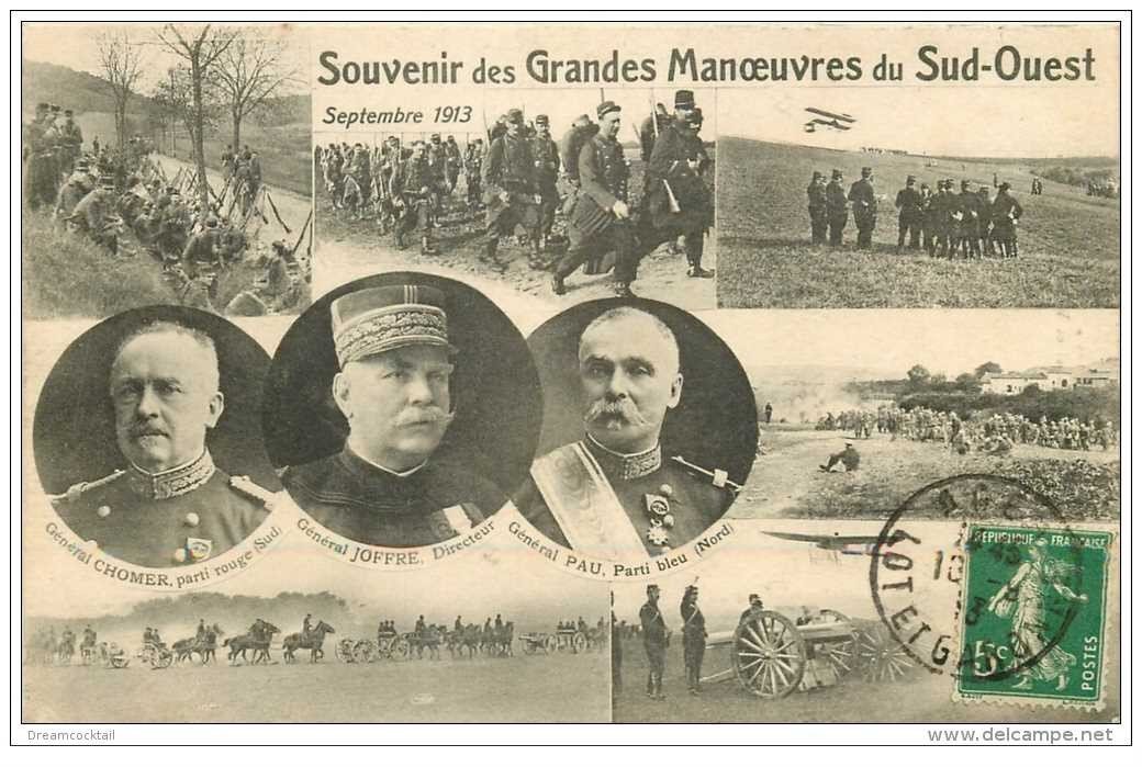 carte postale ancienne GUERRE 1914-18. Grandes Manoeuvres du Sud-Est. Chomer, Joffre et Pau 1913
