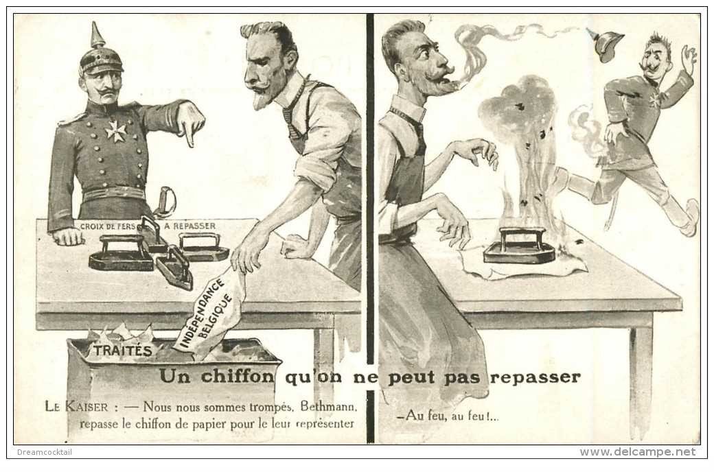 carte postale ancienne GUERRE 1914-18. Le Kaiser. Croix de Fer un chiffon qu'on ne peut pas repassert. Caricature