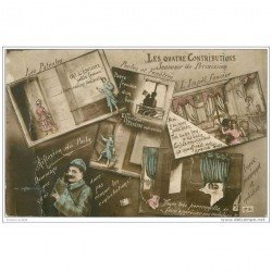 carte postale ancienne GUERRE 1914-18. Les quatre contributions. Souvenir de Permission