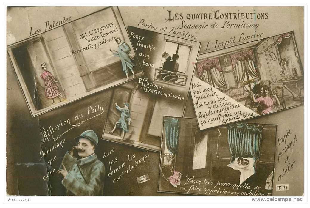 carte postale ancienne GUERRE 1914-18. Les quatre contributions. Souvenir de Permission