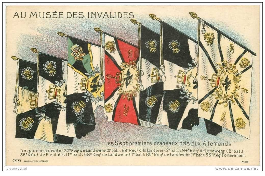 carte postale ancienne Guerre 1914-18. Sept premiers DRAPEAUX pris aux Allemands
