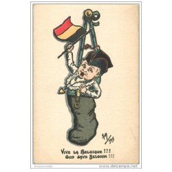 carte postale ancienne GUERRE 1914-18. Vive la Belgique 1915. Bébé soldat dans chaussette avec Drapeau