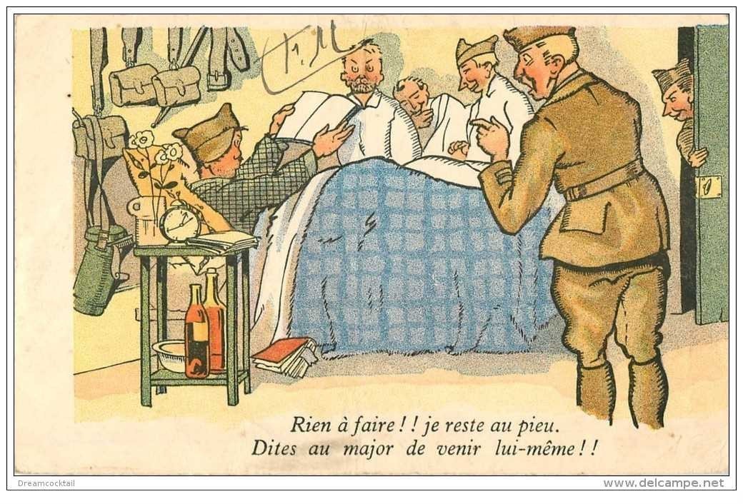 carte postale ancienne HUMORISTIQUE MILITAIRE. Je reste au pieu. Par F.M 1945