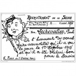 carte postale ancienne HUMORISTIQUE MILITAIRE. Recrutement de la Seine pour Lechevalier 5 Place de l'Odéon Classe 1935 par Pritt