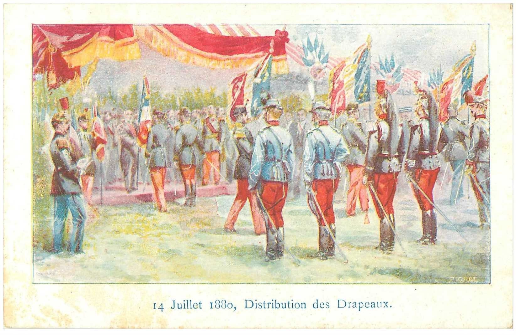 carte postale ancienne MILITAIRES. 14 Juillet 1880 distribution des Drapeaux