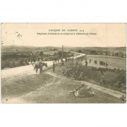 carte postale ancienne MILITAIRES. Régiment Infanterie se préparant à défendre un Village 1914 Croquis de Guerre