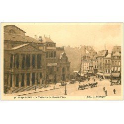 carte postale ancienne 02 SAINT-QUENTIN. Grand Place et Théâtre 1927. Ouverture d'un Café Cinéma