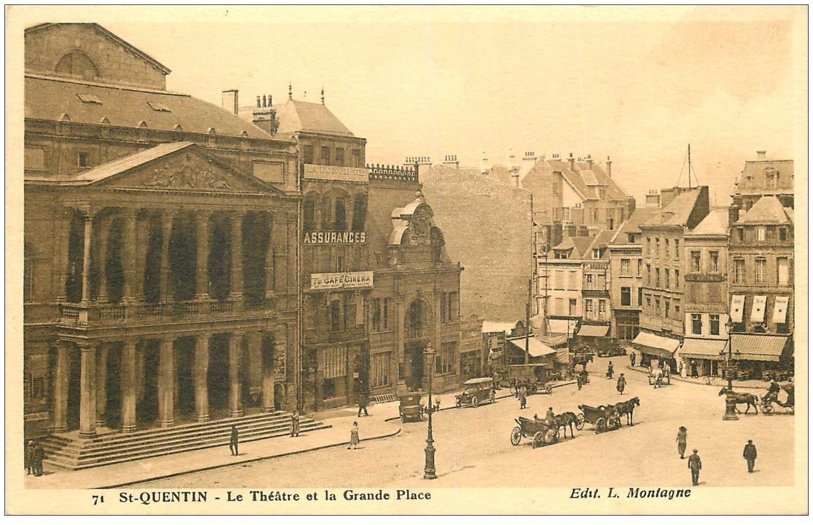 carte postale ancienne 02 SAINT-QUENTIN. Grand Place et Théâtre 1927. Ouverture d'un Café Cinéma