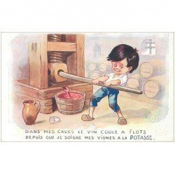 carte postale ancienne ILLUSTRATEUR RIGHT. Le Vigneron avec sa presse à raisin pour le vin.
