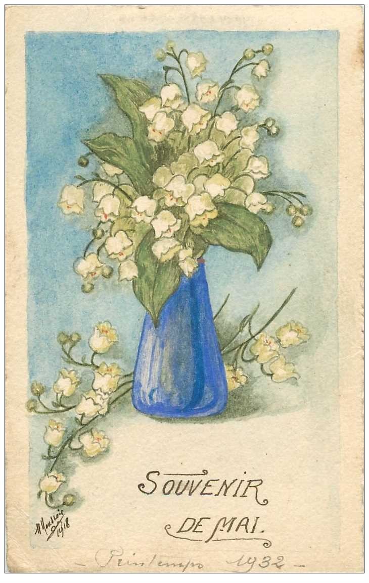 Superbe. carte peinte à la main représentant un vase et Fleurs par Moussoy 1918