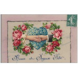 Carte Fantaisie à système. Fleurs Roses mobiles et Joyeuse Fête en rajout