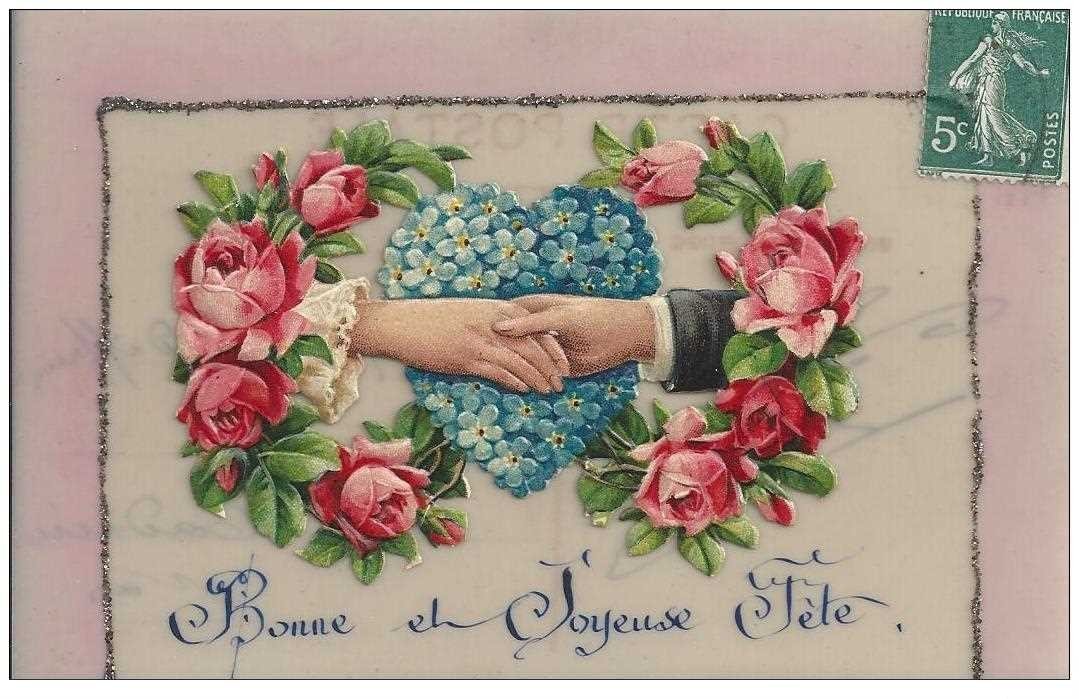 Carte Fantaisie à système. Fleurs Roses mobiles et Joyeuse Fête en rajout