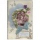 carte postale ancienne Superbe Carte à système avec Couple en photo médaillon et noeud en tissu