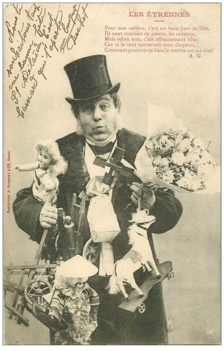 carte postale ancienne BERGERET. Les Etrennes 1903 timbre manquant