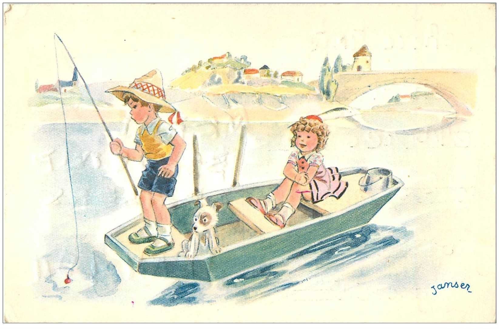 carte postale ancienne Carte Postale Fantaisie Illustrateur JANSER jeunes Pêcheurs