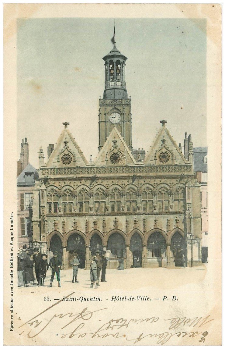 carte postale ancienne 02 SAINT-QUENTIN. Hôtel de Ville 1903. Epreuve avec Jumelle Bellieni et Plaque Lumière...