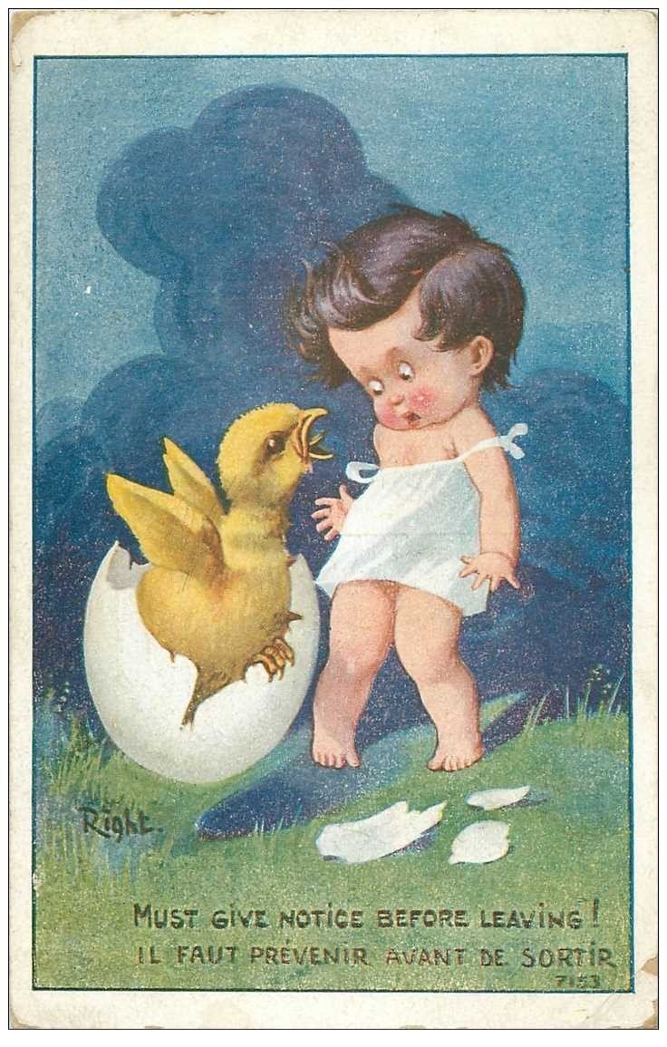 Carte Postale Fantaisie Illustrateur Right Le Bebe Et Le Poussin Sortant De L Oeuf 1925