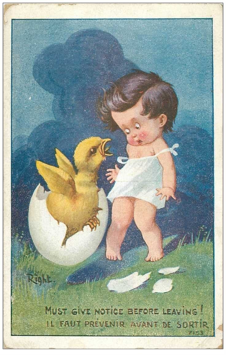 carte postale ancienne Carte Postale Fantaisie Illustrateur RIGHT le Bébé et le Poussin sortant de l'Oeuf 1925