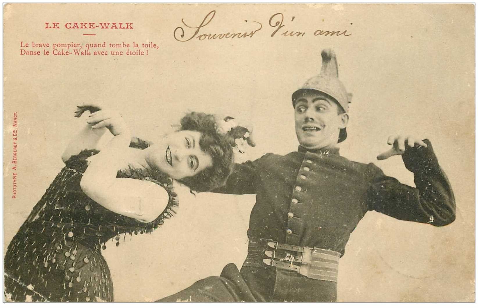 carte postale ancienne Illustrateur BERGERET. Pompier qui danse le Cake Walk 1904