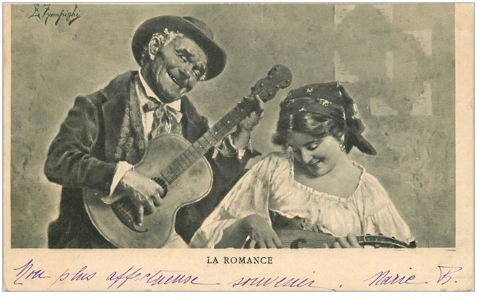 carte postale ancienne ILLUSTRATEUR ZAMPIGHI. La Romance d'un Guitariste à une Napolitaine avec mandoline 1906