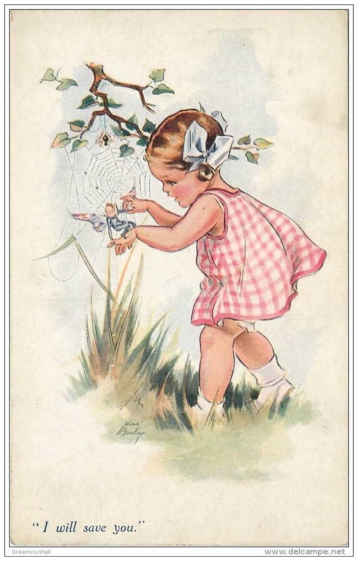 carte postale ancienne ILLUSTRATEURS. Fillette sauvant un Papillon par Bisly