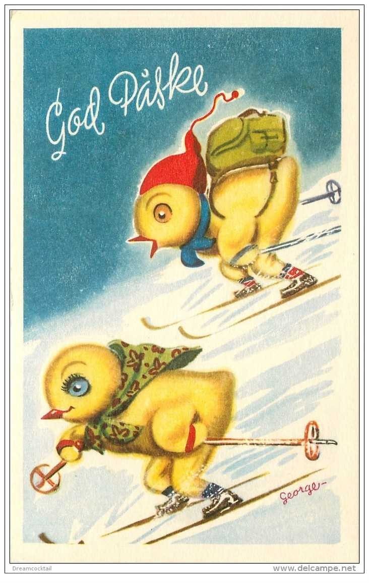 carte postale ancienne ILLUSTRATEURS. Poussins sur Skis par George
