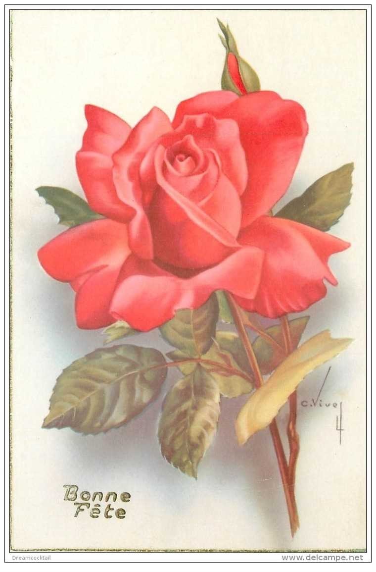 carte postale ancienne ILLUSTRATEURS. Superbe Rose et Bonne fête en relief par Nivey