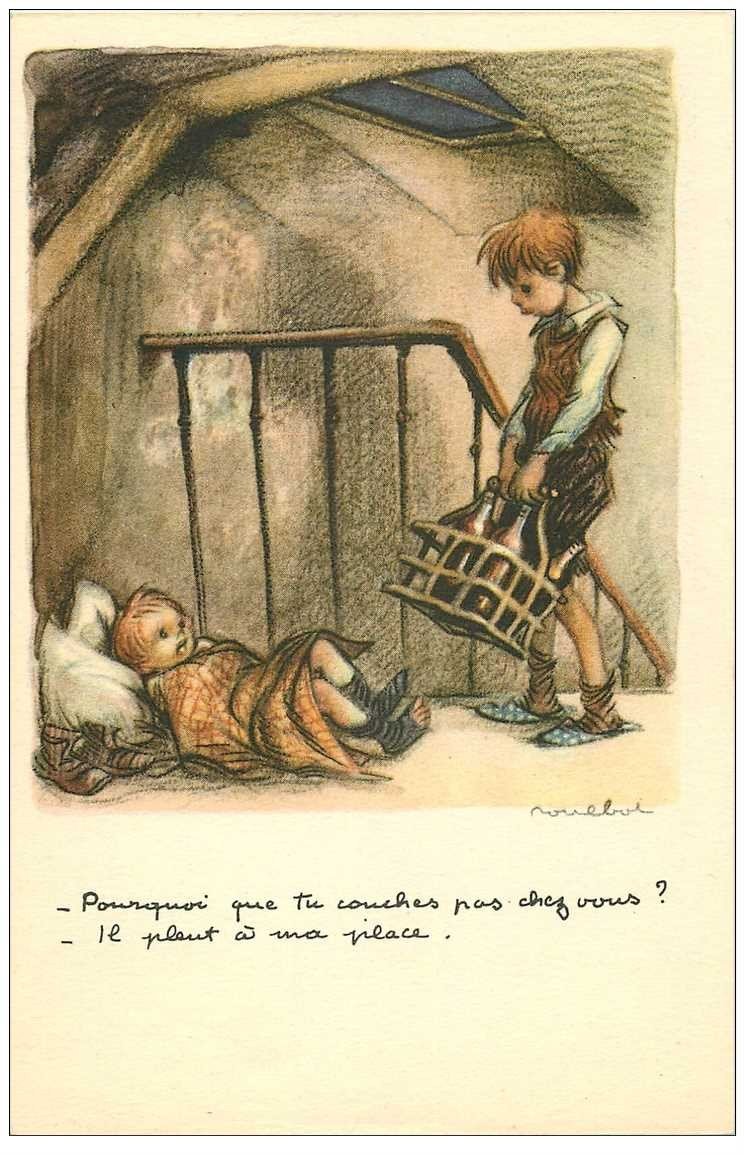 carte postale ancienne POULBOT illustrateur. Il pleut dans sa chambre...