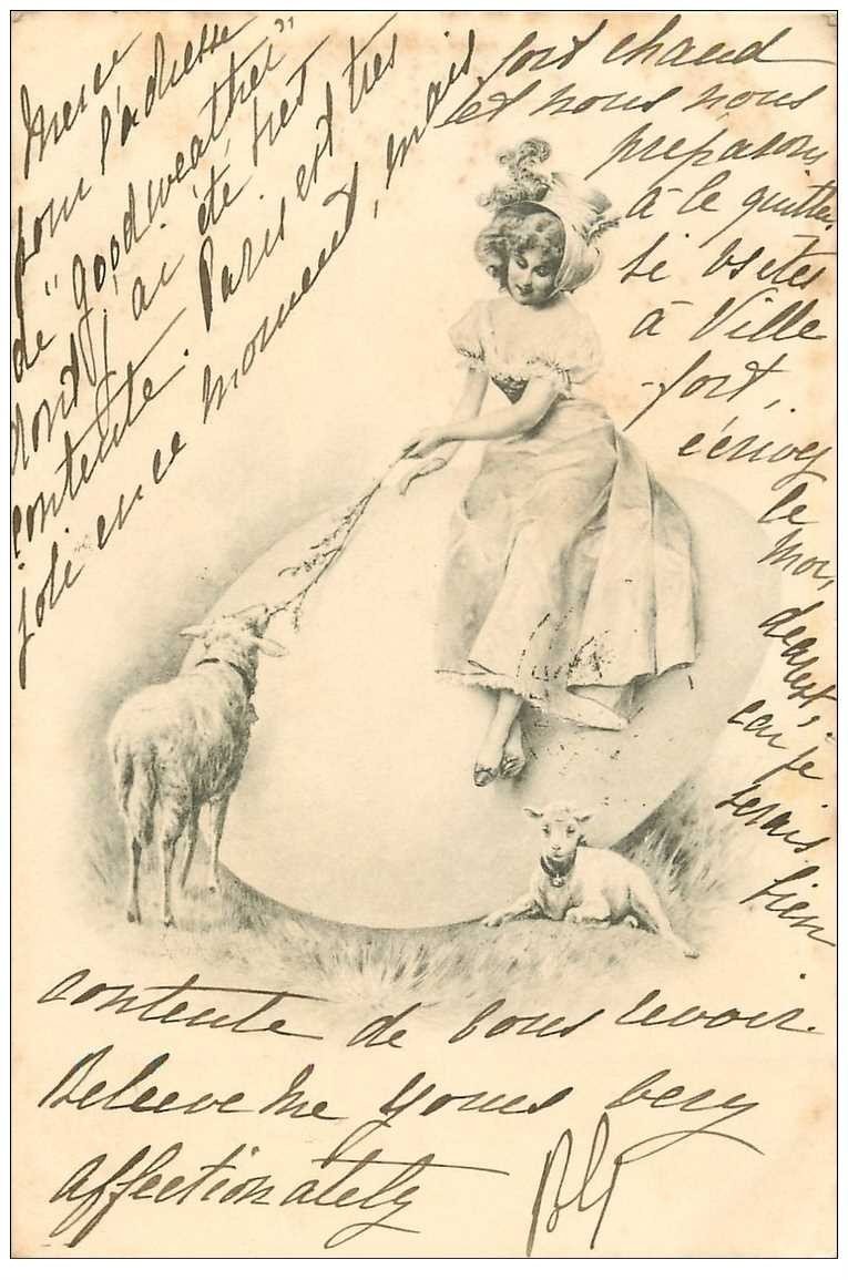 carte postale ancienne RAPHAEL KIRCHNER. Elégante sur un Oeuf avec Agneaux. Collection M.M Vienne 1901