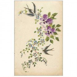 Superbe carte peinte à la main d'Hirondelles et Fleurs 1917