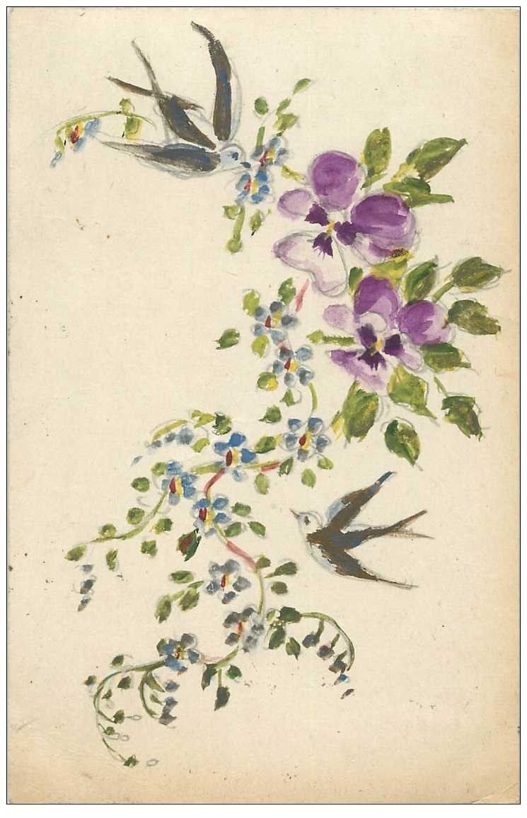 Superbe carte peinte à la main d'Hirondelles et Fleurs 1917