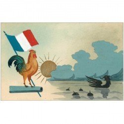 Superbe carte peinte à la main représentant le Coq français victorieux sur les Aigles teutons