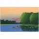 Véritable carte peinte représentant un Rameur sur un Lac le Soir